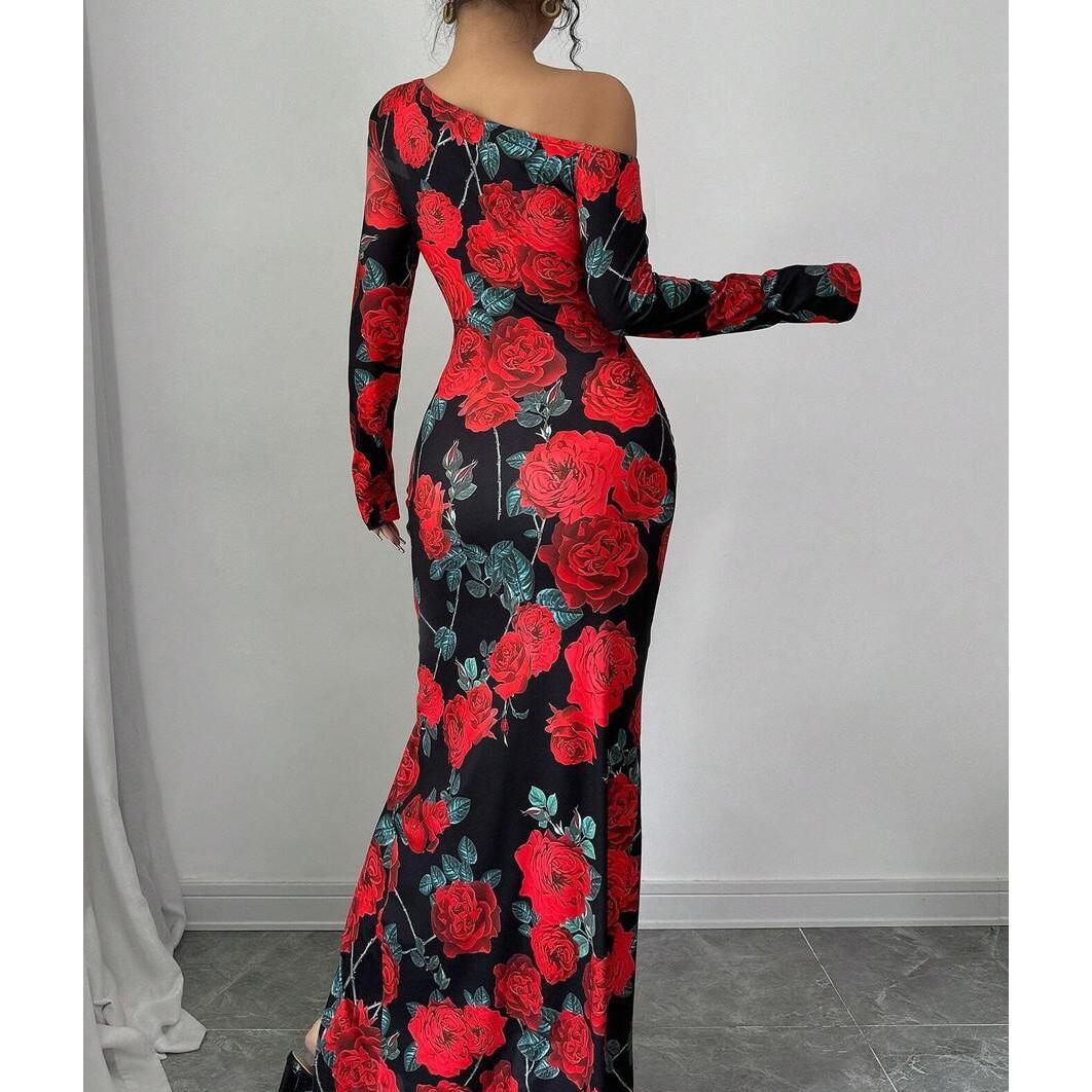 SVCD000035 Elegant rose slit figure-hugging dress, fashionable and sexy printed slimming long dress