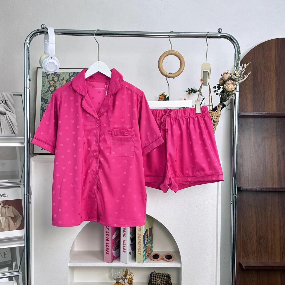 SVCP000127 Two-piece summer short-sleeved shirt and shorts home wear pajama set in rose red with small hearts