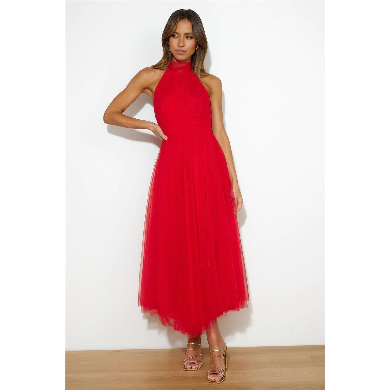 SVCD000027 multi-color casual vacation dress with a high-neck mesh tulle