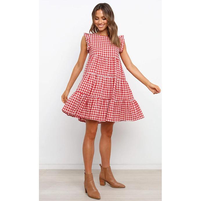 SVCD000099 Summer fashion party sweet fresh sweet women's round neck ruffled skirt plaid A-line dress