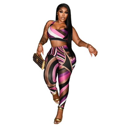 SVCM000093  Color-blocking printed top, vest and long pants set