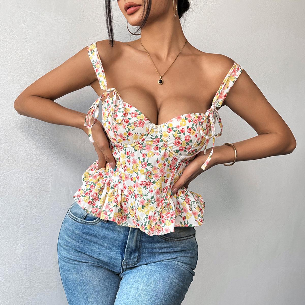 SVCST000017 Adjustable floral lace-up, fishbone corset, cinched waist, ruffled strappy vest