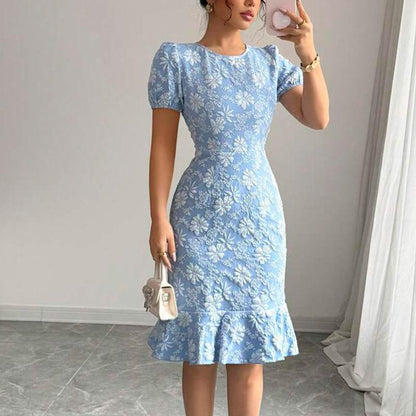 SVCD000020  Summer new Daisy embossed dress, slim fishtail dress, short sleeve