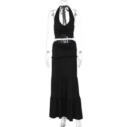 SVCD000073 Two-piece set of a halter vest with pleated skirts