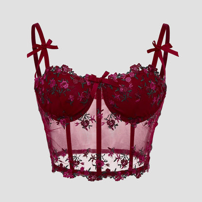 SVCT000086 Steel hoop corset, see-through embroidery, floral bow, fishbone breasted vest