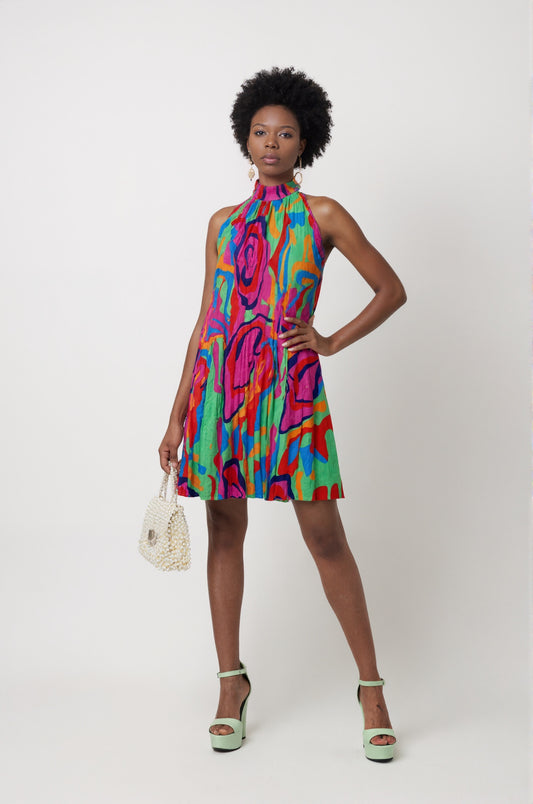 SVCD000101Summer fashion temperament printed sleeveless, off-the-shoulder stand collar fashion pleated dress