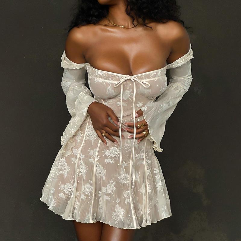 SVCD000114 women's elegant, fashionable, fitted, lace, flared, long-sleeved, lace-up, A-line dress