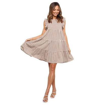 SVCD000099 Summer fashion party sweet fresh sweet women's round neck ruffled skirt plaid A-line dress