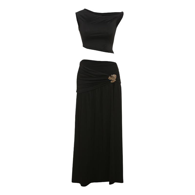SVCM000047 Women's sexy off-the-shoulder crop top T-shirt, vest, slimming side slit skirt set