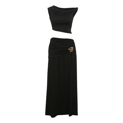 SVCM000047 Women's sexy off-the-shoulder crop top T-shirt, vest, slimming side slit skirt set