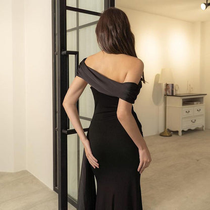 SVCD000049 Single-shoulder net tulle ribbon dress, a new stylish and form-fitting black long dress in an ins European and American style