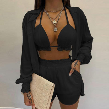 SVCM000080  Three-piece set  Sexy European and American women's solid-color shorts fashion