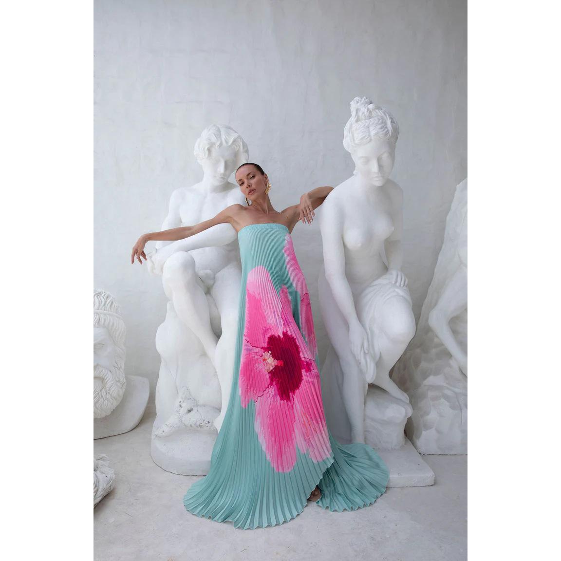 SVCD000009 Summer women's dress with pleated positioning print and a strapless big swing