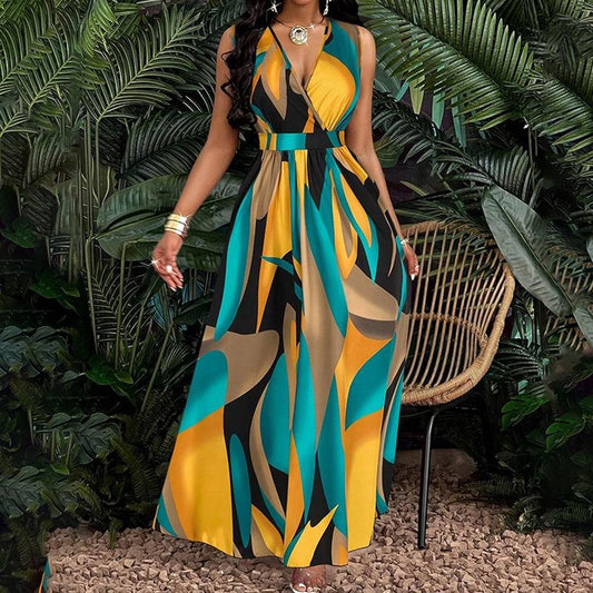 SVCD000083 Elegant, fashionable and sexy printed sleeveless V-neck dress for women