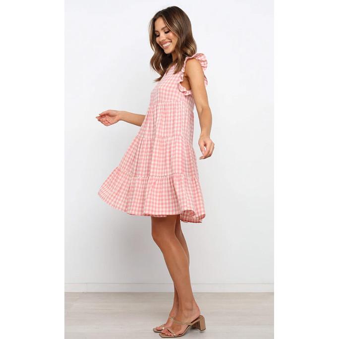 SVCD000099 Summer fashion party sweet fresh sweet women's round neck ruffled skirt plaid A-line dress