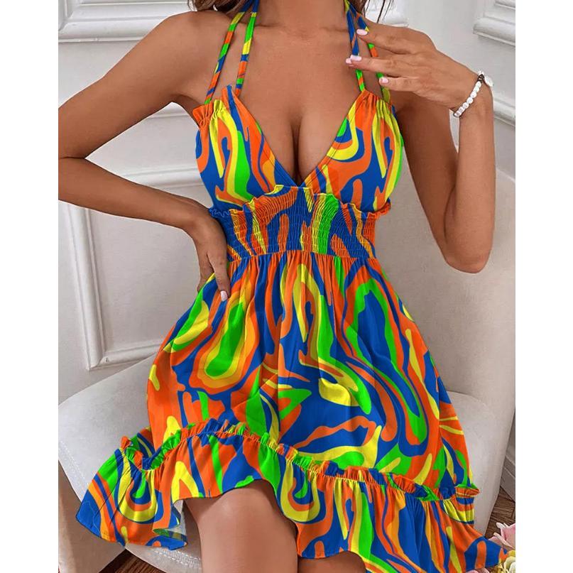 SVCD000076 Deep V-neck string-through halter top with black ear trim and parallel ruffled backless sexy dress