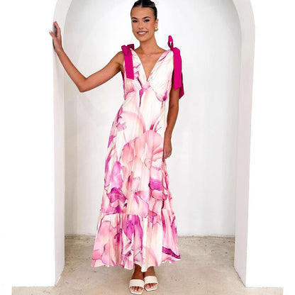 SVCD000123 Summer fashion women's long V-neck sleeveless Bohemian-style dress