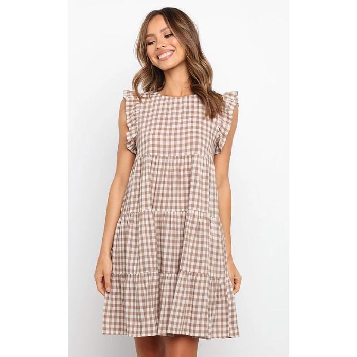 SVCD000099 Summer fashion party sweet fresh sweet women's round neck ruffled skirt plaid A-line dress