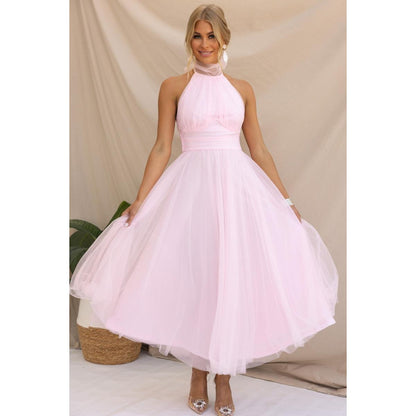 SVCD000027  multi-color casual vacation dress with a high-neck mesh tulle