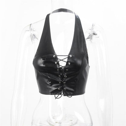 SVCT000075 Sexy halter-neck, backless, lace-up short PU mini vest for women