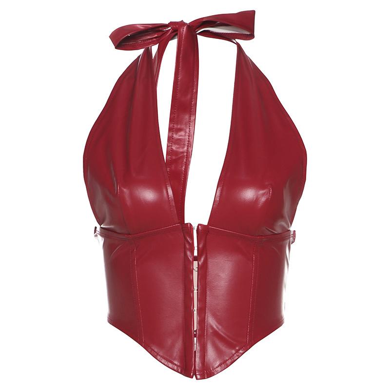 SVCST000044 Hot and sexy PU leather halter top with button fasteners
