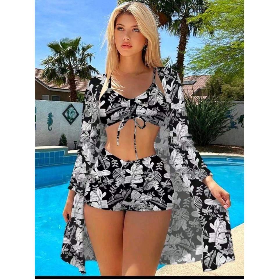 SVCSM000089  Two-piece cardigan printed bikini three-piece set