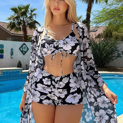 SVCSM000089  Two-piece cardigan printed bikini three-piece set