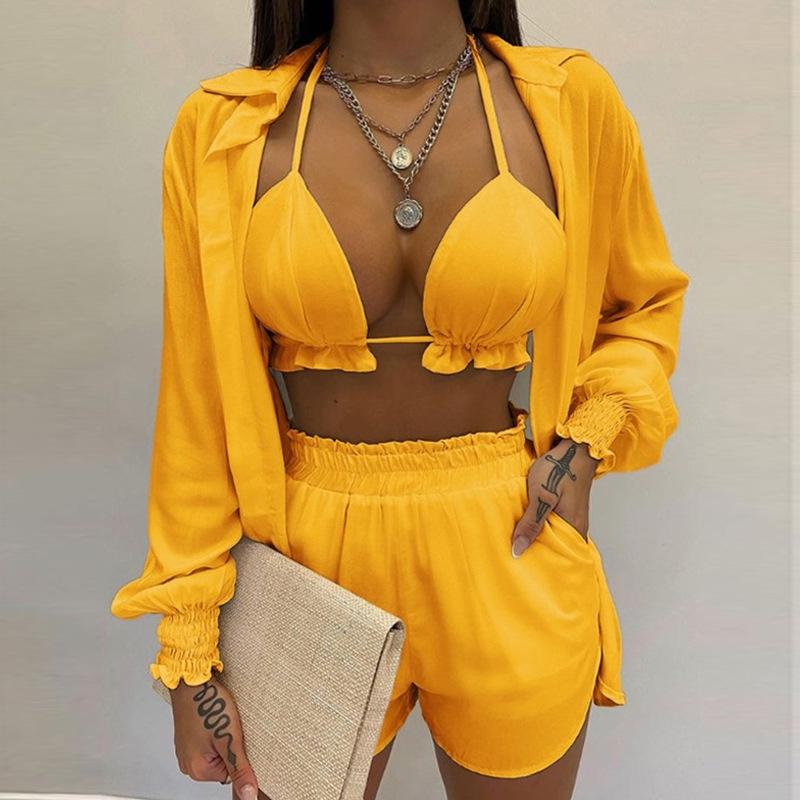 SVCM000080  Three-piece set  Sexy European and American women's solid-color shorts fashion