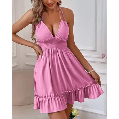 SVCD000076 Deep V-neck string-through halter top with black ear trim and parallel ruffled backless sexy dress