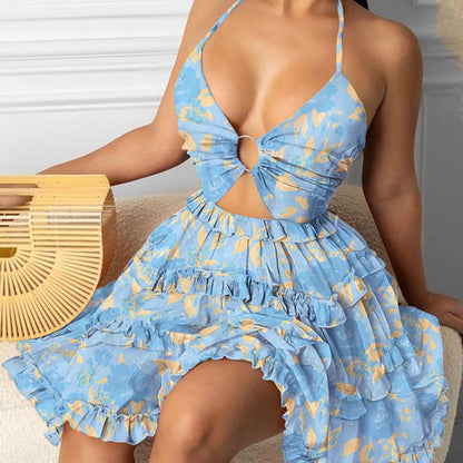 SVCD000128 Summer fashion hollowed-out strap V-neck style halter print dress