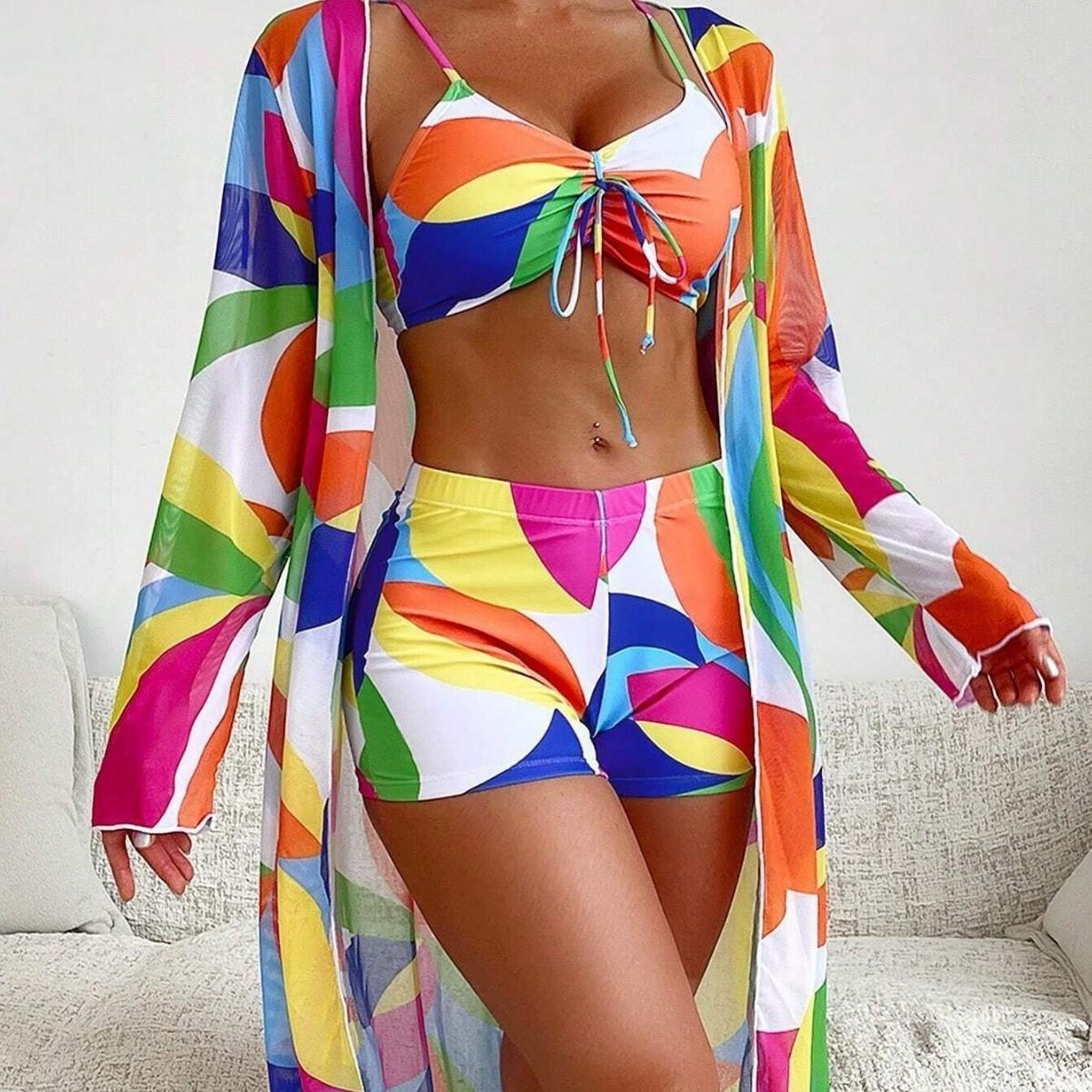 SVCSM000089  Two-piece cardigan printed bikini three-piece set