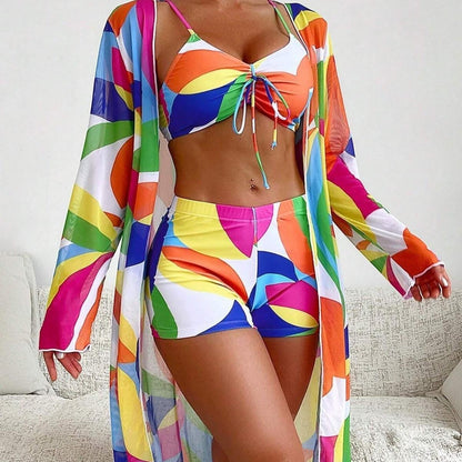 SVCSM000089  Two-piece cardigan printed bikini three-piece set