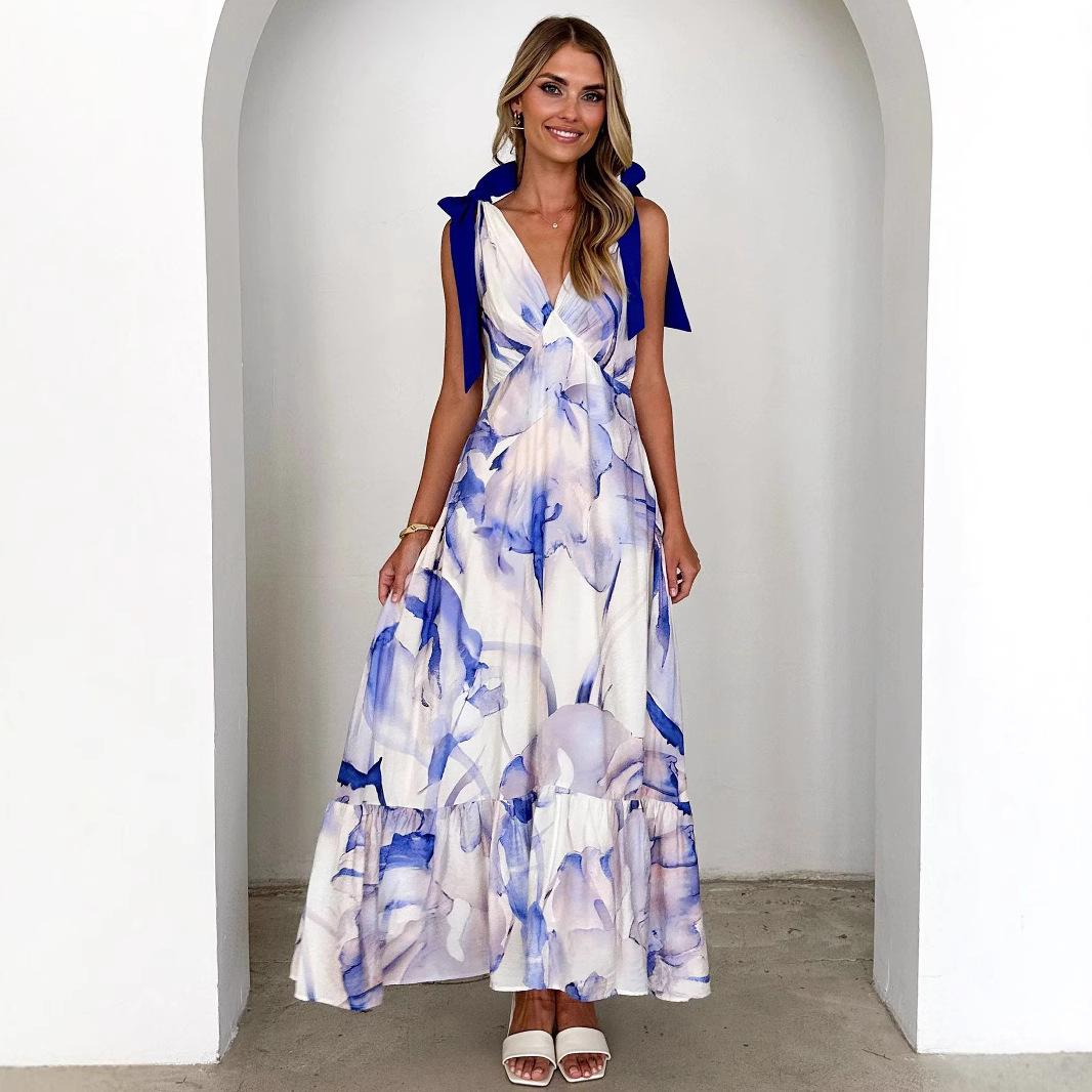 SVCD000123 Summer fashion women's long V-neck sleeveless Bohemian-style dress