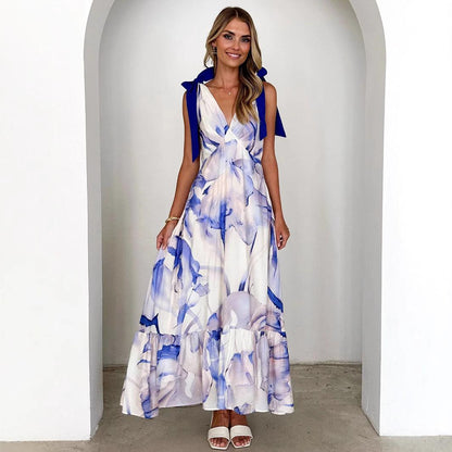 SVCD000123 Summer fashion women's long V-neck sleeveless Bohemian-style dress
