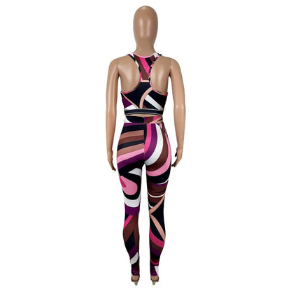 SVCM000093  Color-blocking printed top, vest and long pants set