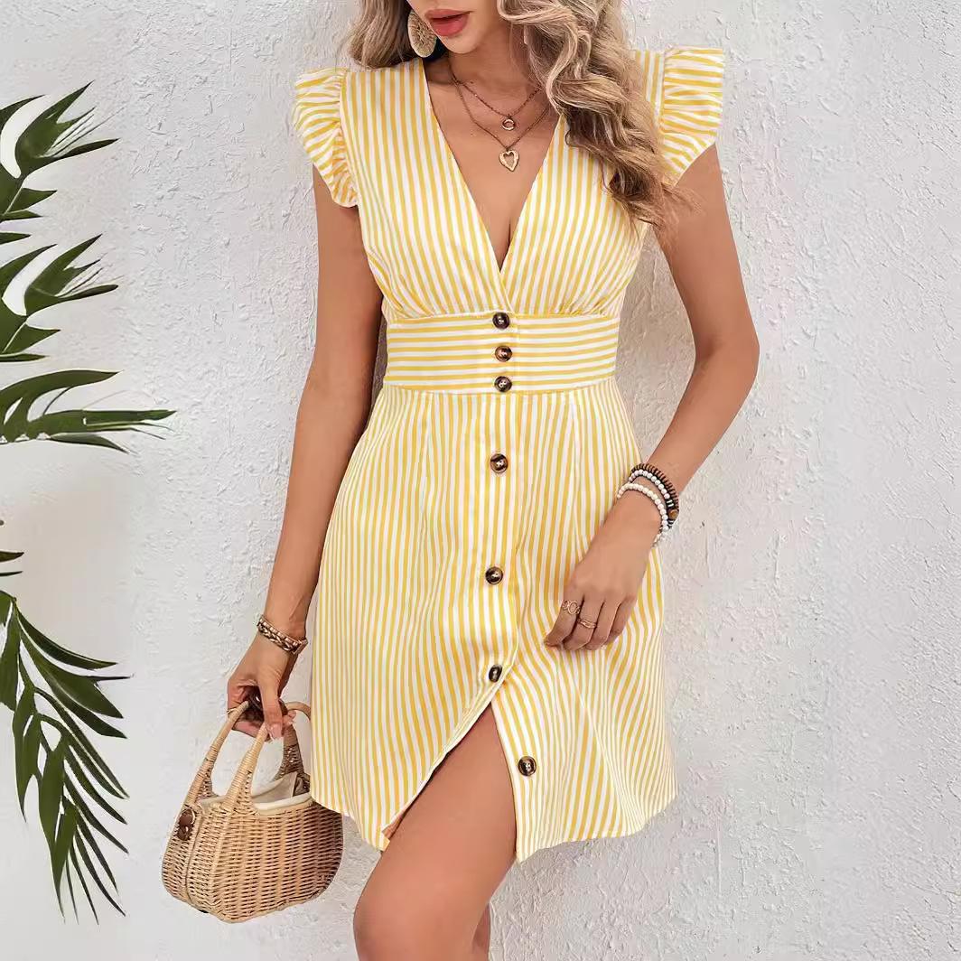 SVCD000019 women's elegant striped printed V-neck fly-sleeved dress