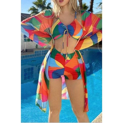 SVCSM000089  Two-piece cardigan printed bikini three-piece set