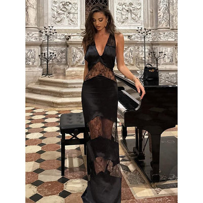 SVCD000003 Summer fashion V-neck, off-the-back, lace patchwork long dress for women's evening dress