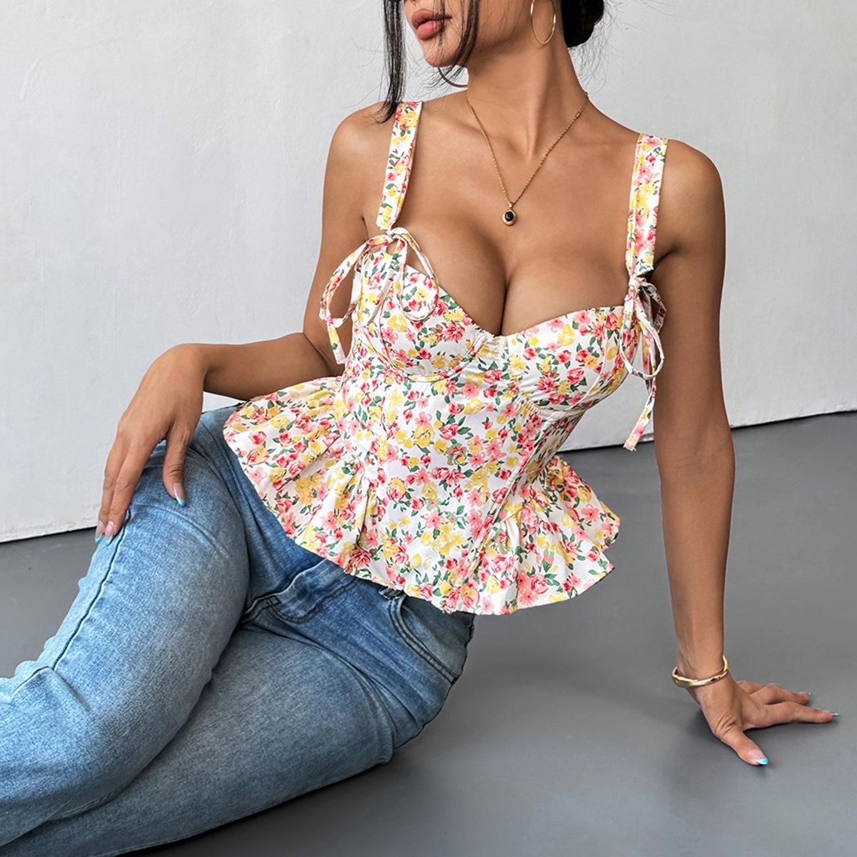 SVCST000017 Adjustable floral lace-up, fishbone corset, cinched waist, ruffled strappy vest