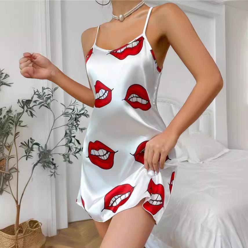 SVCP000092 Backless halter dress, silk-like nightgown, summer printed pajama short skirt, women's home wear