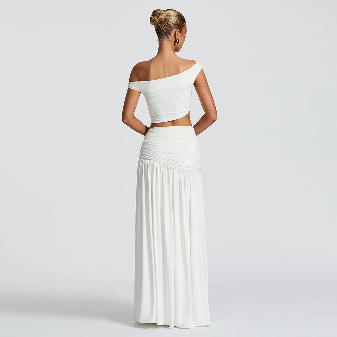 SVCM000047 Women's sexy off-the-shoulder crop top T-shirt, vest, slimming side slit skirt set