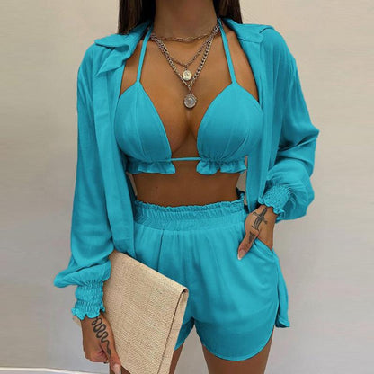 SVCM000080  Three-piece set  Sexy European and American women's solid-color shorts fashion