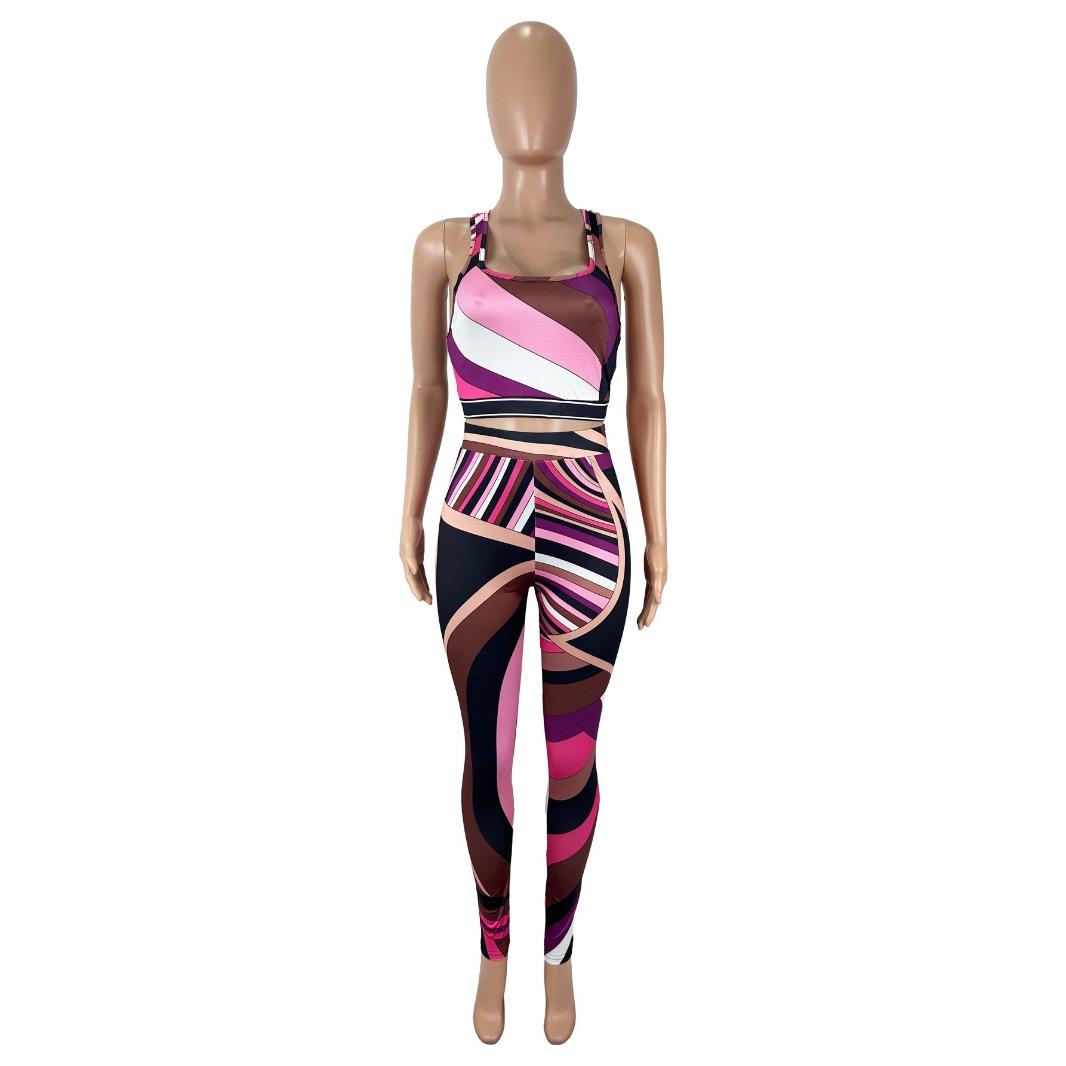 SVCM000093  Color-blocking printed top, vest and long pants set