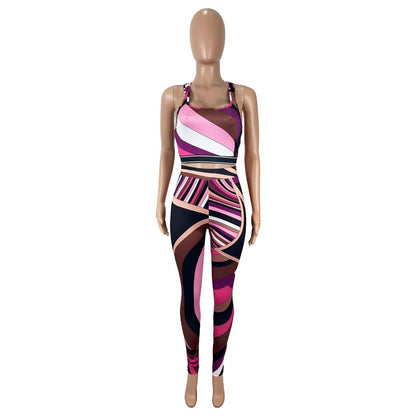 SVCM000093  Color-blocking printed top, vest and long pants set