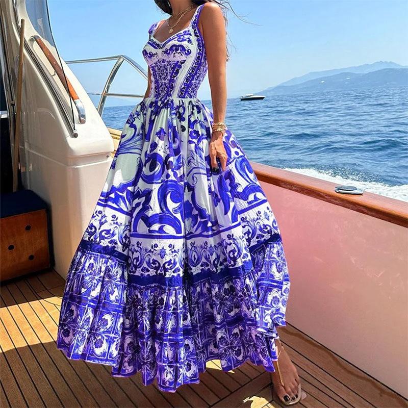 SVCD000007 Printed square collar halter dress with pleated, slimming and large swing in European and American style