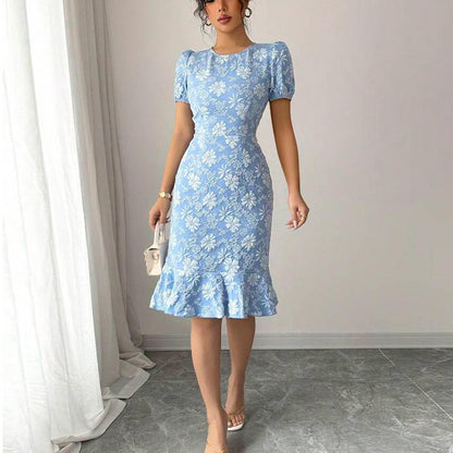 SVCD000020  Summer new Daisy embossed dress, slim fishtail dress, short sleeve