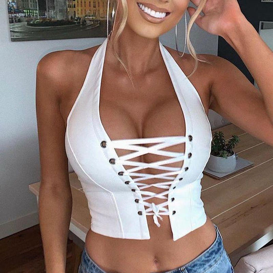 SVCT000075 Sexy halter-neck, backless, lace-up short PU mini vest for women