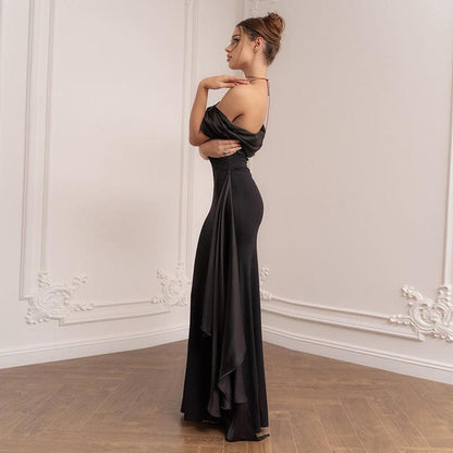 SVCD000049 Single-shoulder net tulle ribbon dress, a new stylish and form-fitting black long dress in an ins European and American style