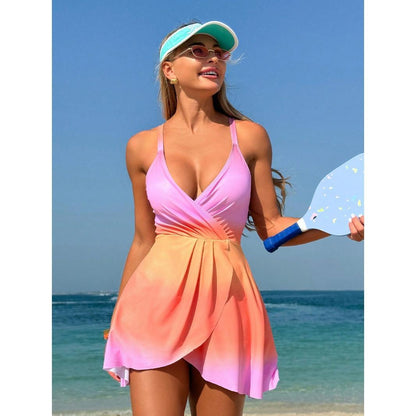 SVCSM000077  Solid color sleeveless chest pleated waist-cinching dress, one-piece women's swimming suit