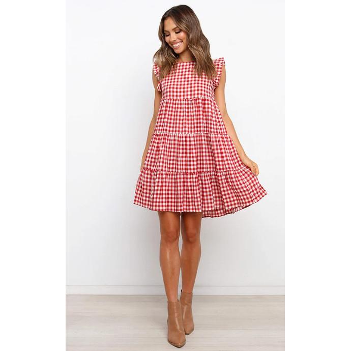 SVCD000099 Summer fashion party sweet fresh sweet women's round neck ruffled skirt plaid A-line dress